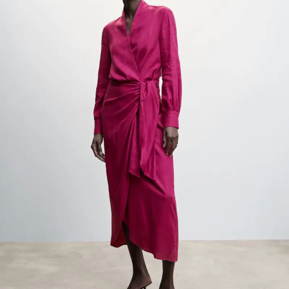 Mango Draped Linen Wrap Dress